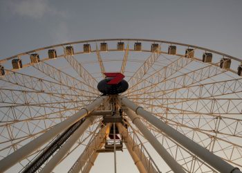 View of the Brisbane Ferris Wheel at sunset, capturing its architectural elegance.