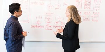 Two professionals brainstorming digital marketing ideas on a whiteboard.