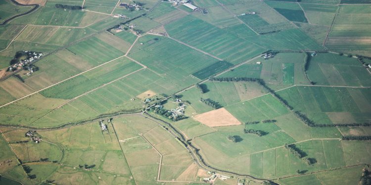 Expansive aerial view of green agricultural fields with scattered farmhouses and winding pathways.