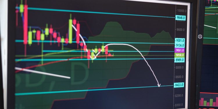 Close-up of a cryptocurrency trading chart displayed on a monitor, showing market trends and analysis.