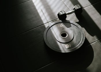 A 15 kg weight plate and dumbbell on a gym floor, lit by sunlight through a window.