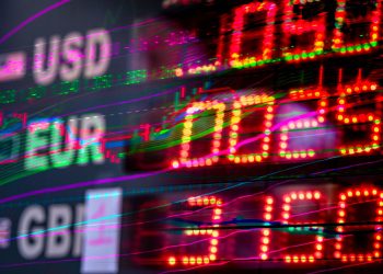 Vibrant stock market display showing exchange rates for USD, EUR, and GBP. Perfect for finance themes.