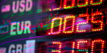 Vibrant stock market display showing exchange rates for USD, EUR, and GBP. Perfect for finance themes.