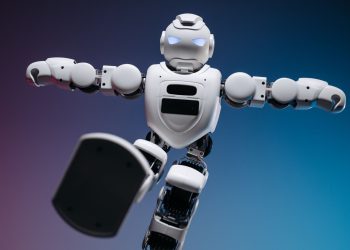 Close-up of a humanoid robot in motion, showcasing modern robotics innovation.