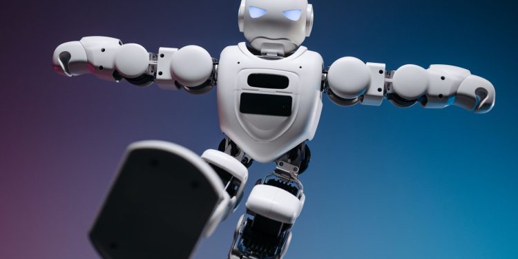 Close-up of a humanoid robot in motion, showcasing modern robotics innovation.