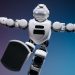 Close-up of a humanoid robot in motion, showcasing modern robotics innovation.