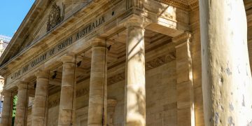 The historic facade of the Art Gallery of South Australia in Adelaide captured on a sunny day.