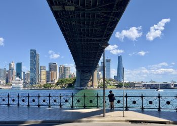 Under the Sydney Harbour Bridge, skyline of Sydney CBD, 2023.jpg