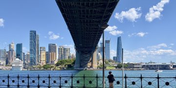 Under the Sydney Harbour Bridge, skyline of Sydney CBD, 2023.jpg