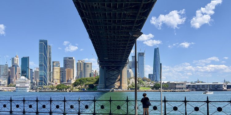 Under the Sydney Harbour Bridge, skyline of Sydney CBD, 2023.jpg