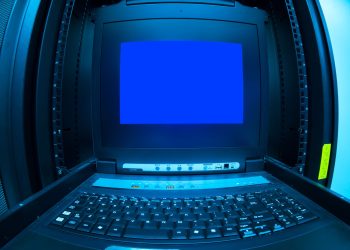 Close-up of a blue screen error shown on a data center control terminal.