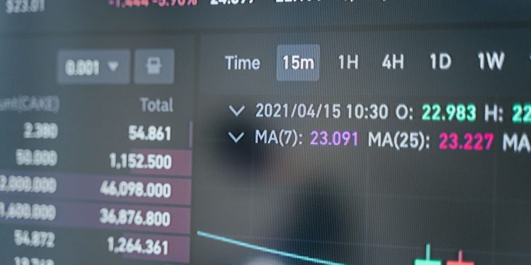 Close-up of a cryptocurrency trading screen displaying real-time data, graphs, and analytics.