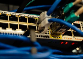 Close-up image of ethernet cables plugged into a network switch, showcasing IT infrastructure.