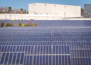 A large solar farm with photovoltaic panels generating renewable energy outdoors.