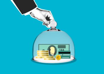 Decorative cardboard illustration of person hand putting transparent dome on dollar banknotes and coins on blue background