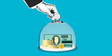 Decorative cardboard illustration of person hand putting transparent dome on dollar banknotes and coins on blue background