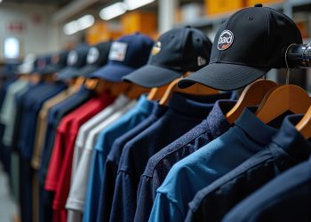 An organized display of various caps and shirts on hangers inside a clothing store.
