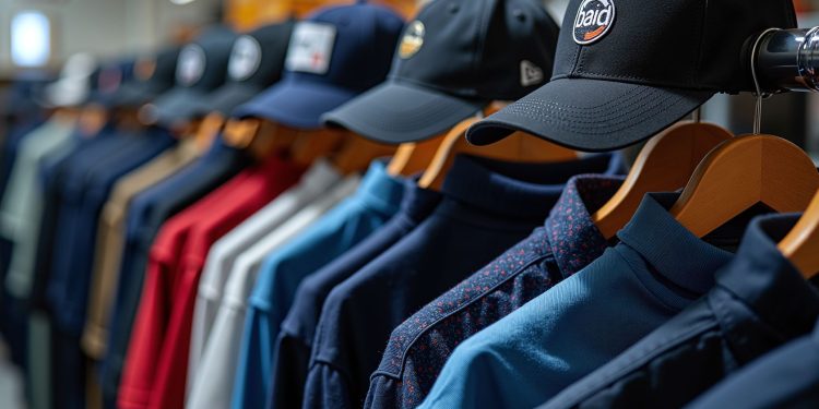 An organized display of various caps and shirts on hangers inside a clothing store.