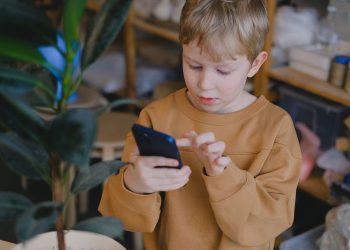 A young boy in a brown sweater uses a smartphone near a potted plant indoors.