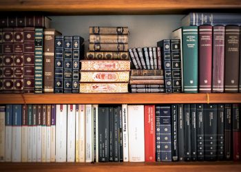 A detailed view of a bookshelf with vintage and classic books arranged neatly, offering a historic ambiance.
