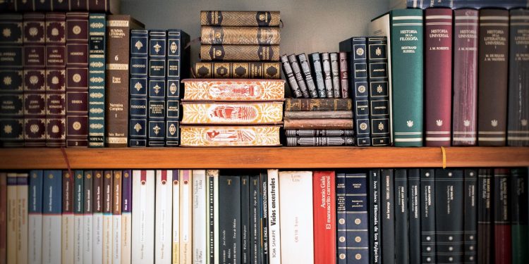 A detailed view of a bookshelf with vintage and classic books arranged neatly, offering a historic ambiance.