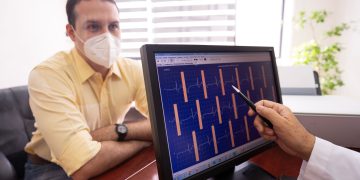 Medical consultation as a doctor reviews ECG results with a masked patient in a clinic setting.