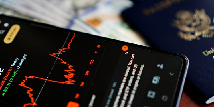 Close-up of a smartphone displaying a stock market app alongside a US passport and currency.