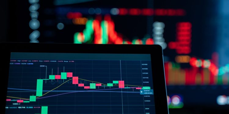 Close-up view of digital trading chart screen with vibrant graphs and data analysis.
