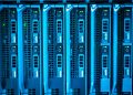 Detailed image of illuminated server racks showcasing modern technology infrastructure.